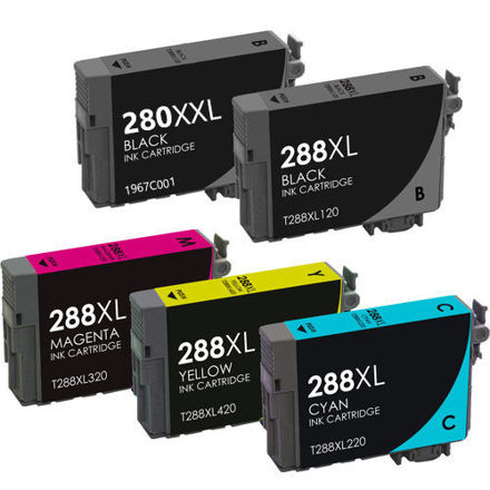 Picture of (Value Bundle, 5pk) Premium 1967C001, T288XL120, T288XL220, T288XL320, T288XL420 (PGI-280 XXL) Compatible Extra High Yield Canon Black, Cyan, Magenta, Yellow Ink Cartridges